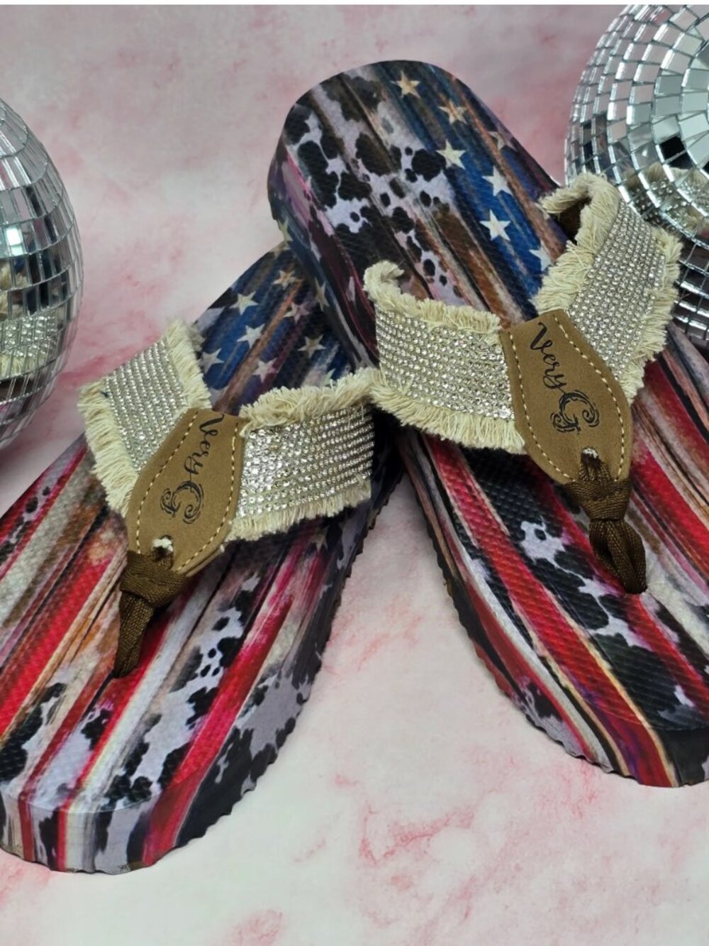 NEW Very G Red, White & Blue Star Stripe Bling Flip Flop Sandals Size 8.5 Womens